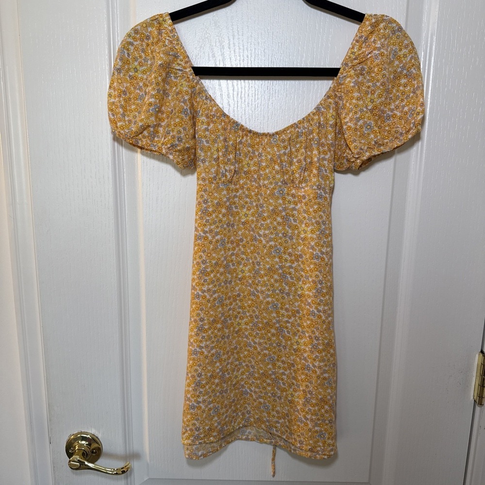 Motel Rocks Yellow Floral Mini Dress XS Puff Sleeve Tie Back Square Neck